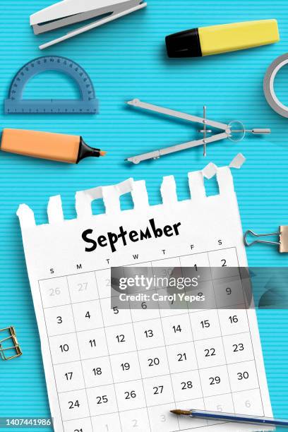 top view september calendar with office supplies - event calendar stock pictures, royalty-free photos & images