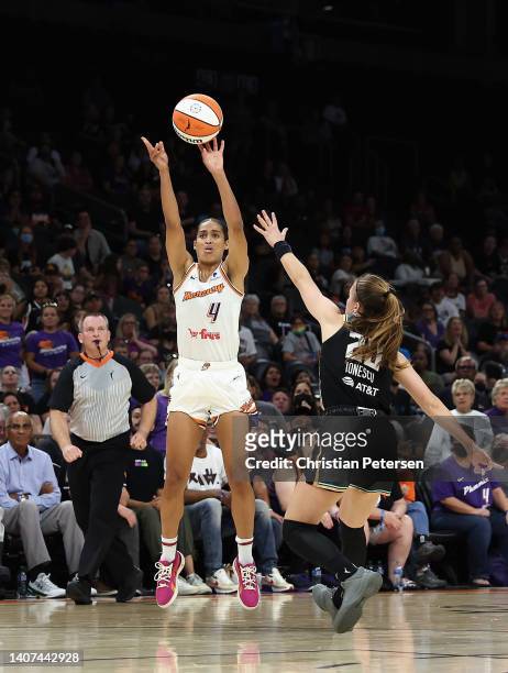 Skylar Diggins-Smith of the Phoenix Mercury puts up a three-point shot over Sabrina Ionescu of the New York Liberty during the second half of the...