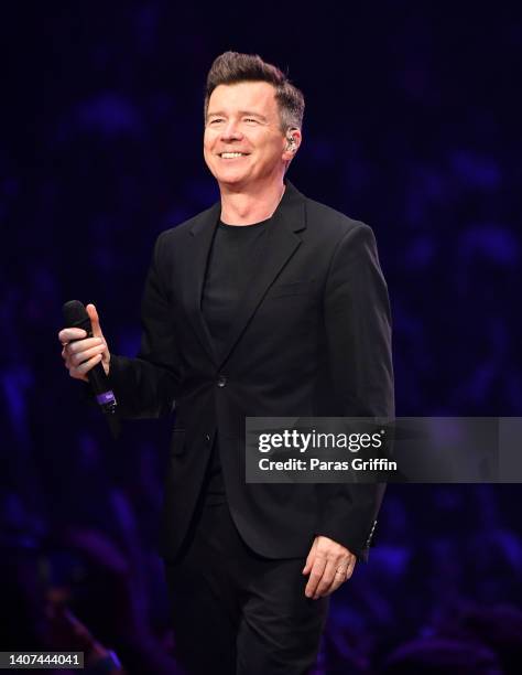 Singer Rick Astley performs onstage during "The Mixtape" tour at State Farm Arena on July 07, 2022 in Atlanta, Georgia.