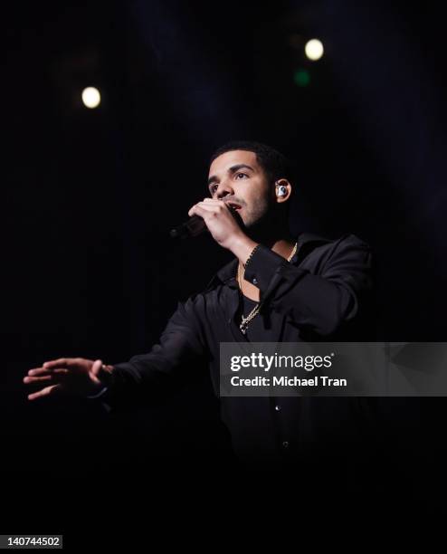 Drake performs onstage during "The Club Paradise Tour" held at Galen Center - USC on March 5, 2012 in Los Angeles, California.