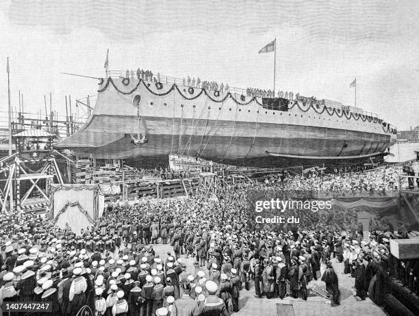 stapellauf des dampfers kaiser wilhelm der große in kiel, 1. juni 1899 - 1890 1899 stock-grafiken, -clipart, -cartoons und -symbole