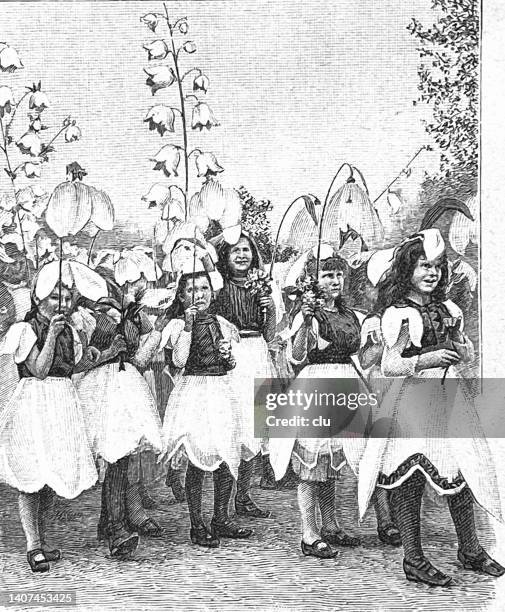 children spring parade moving with snowdrops - snowdrop stock illustrations