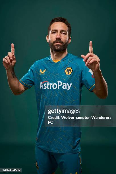 Joao Moutinho of Wolverhampton Wanderers poses for a portrait in the Wolverhampton Wanderers Season 2022/23 Away Kit at The Sir Jack Hayward Training...