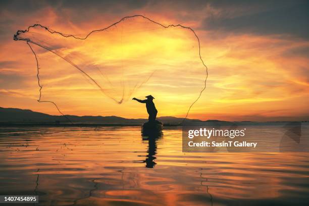 silhouette fisherman use fishing nets for fishing on the boat. - catching food stock pictures, royalty-free photos & images