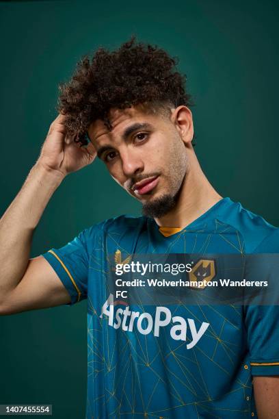 Rayan Ait-Nouri of Wolverhampton Wanderers poses for a portrait in the Wolverhampton Wanderers Season 2022/23 Away Kit at The Sir Jack Hayward...