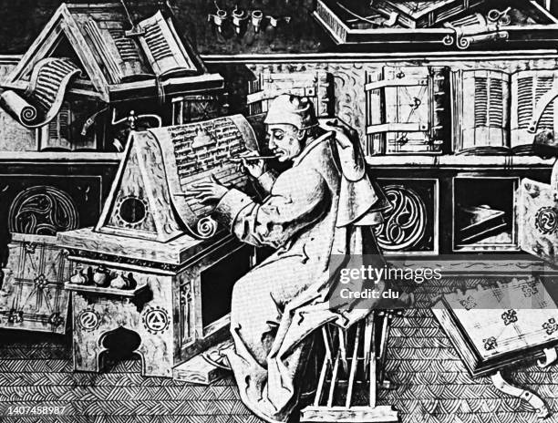 schriftsteller in einem kloster sitzt am schreibtisch und schreibt - monk stock-grafiken, -clipart, -cartoons und -symbole