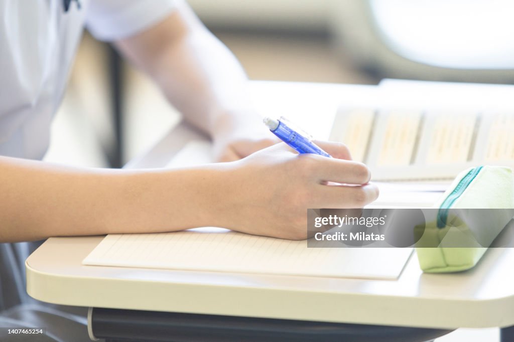 High school girl studying at school