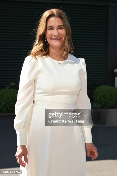 Melinda Gates attends day 12 of the Wimbledon Tennis Championships at the All England Lawn Tennis and Croquet Club on July 08, 2022 in London,...