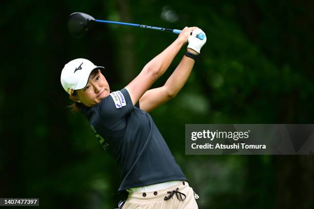 Mao Nozawa of Japan hits her tee shot on the 3rd hole during second round of Nipponham Ladies Classic at Katsura Golf Club on July 08, 2022 in...