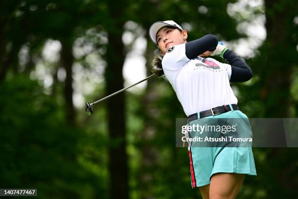 Yuri Yoshida of Japan hits her tee shot on the 6th hole during second round of Nipponham Ladies Classic at Katsura Golf Club on July 08, 2022 in...