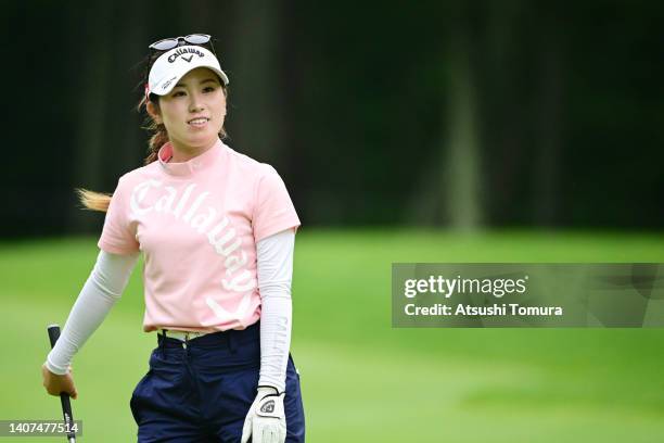 Yuna Nishimura of Japan looks on after her hole-in-one on the 8th green during second round of Nipponham Ladies Classic at Katsura Golf Club on July...