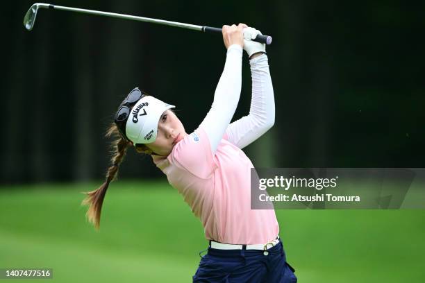 Yuna Nishimura of Japan hits her second shot on the 7th hole after her hole-in-one on the 8th green during second round of Nipponham Ladies Classic...