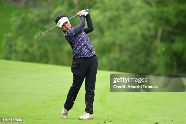 Serena Aoki of Japan plays her shot on the 7th hole during second round of Nipponham Ladies Classic at Katsura Golf Club on July 08, 2022 in...