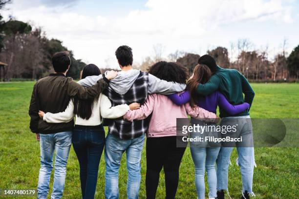 group of six teenager friends embracing together at the park, rear view - community arm in arm stock pictures, royalty-free photos & images