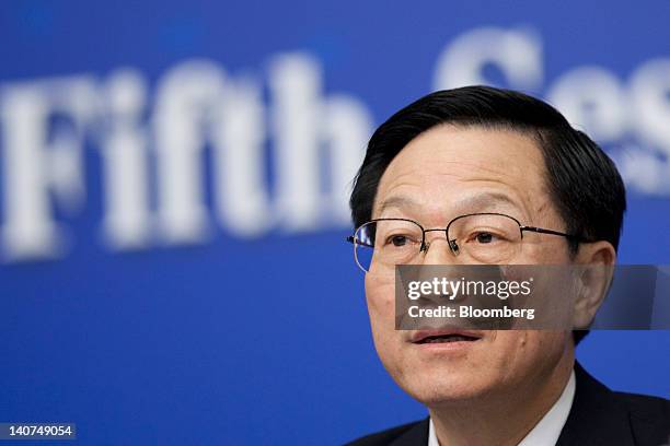 Xie Xuren, China's finance minister, speaks during a news conference at the China's National People's Congress in Beijing, China, on Tuesday, March...