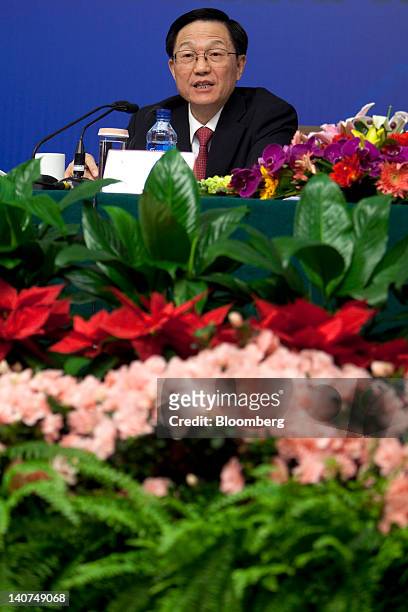 Xie Xuren, China's finance minister, speaks during a news conference at the China's National People's Congress in Beijing, China, on Tuesday, March...