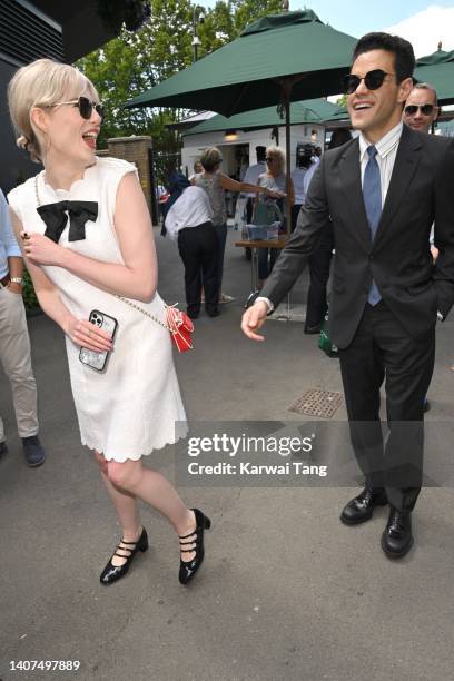Lucy Boynton and Rami Malek attend day 12 of the Wimbledon Tennis Championships at All England Lawn Tennis and Croquet Club on July 08, 2022 in...