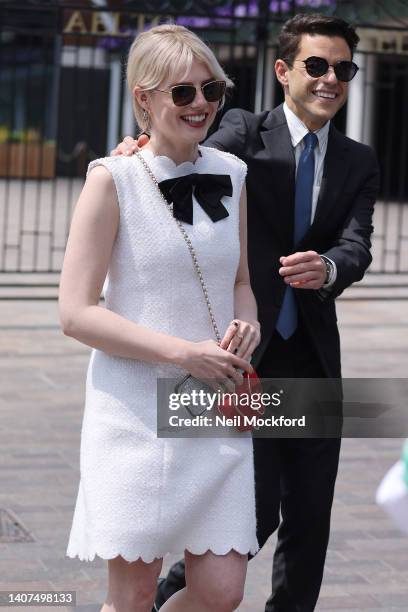 Rami Malek and Lucy Boynton arrive at Wimbledon 2022 - Day 12 at All England Lawn Tennis and Croquet Club on July 08, 2022 in London, England.