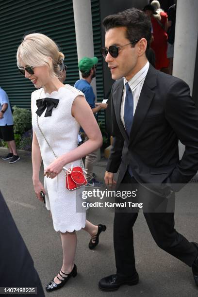 Lucy Boynton and Rami Malek attend day 12 of the Wimbledon Tennis Championships at All England Lawn Tennis and Croquet Club on July 08, 2022 in...