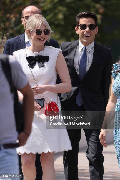 Rami Malek and Lucy Boynton arrive at Wimbledon 2022 - Day 12 at All England Lawn Tennis and Croquet Club on July 08, 2022 in London, England.