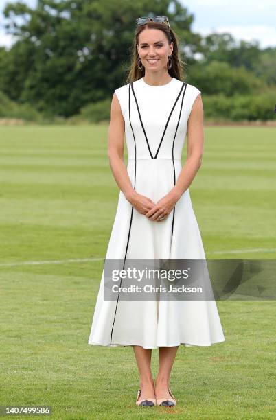 Catherine, Duchess of Cambridge attends the Royal Charity Polo Cup 2022 at Guards Polo Club during the Outsourcing Inc. Royal Polo Cup at Guards Polo...