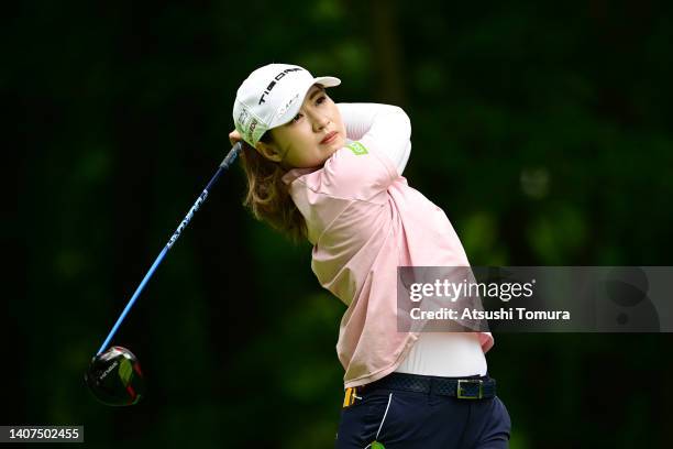 Hikari Kawamitsu of Japan hits her tee shot on the 2nd hole during second round of Nipponham Ladies Classic at Katsura Golf Club on July 08, 2022 in...