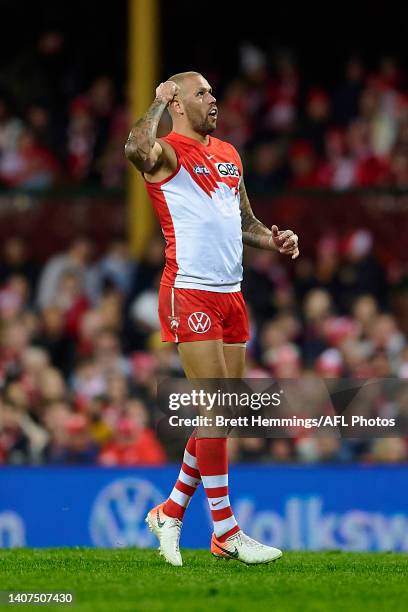 Lance Franklin of the Swans celebrates kicking a goal during the round 17 AFL match between the Sydney Swans and the Western Bulldogs at Sydney...