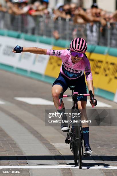 Annemiek Van Vleuten of Netherlands and Movistar Team - Pink Leader Jersey celebrates at finish line as stage winner during the 33rd Giro d'Italia...