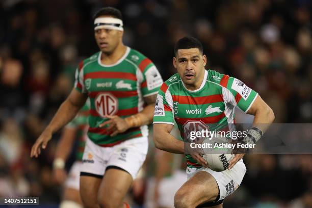 Cody Walker of the Rabbitohs in action during the round 17 NRL match between the Newcastle Knights and the South Sydney Rabbitohs at McDonald Jones...