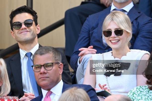 Rami Malek and Lucy Boynton attend day 12 of the Wimbledon Tennis Championships at All England Lawn Tennis and Croquet Club on July 08, 2022 in...