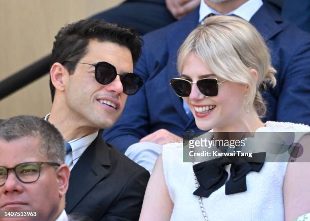 Rami Malek and Lucy Boynton attend day 12 of the Wimbledon Tennis Championships at All England Lawn Tennis and Croquet Club on July 08, 2022 in...