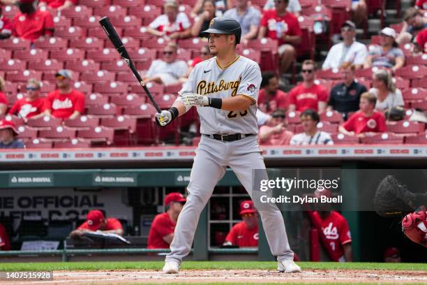 Yoshi Tsutsugo of the Pittsburgh Pirates bats in the second inning against the Cincinnati Reds during game one of a doubleheader at Great American...