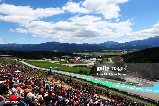 General view showing Pierre Gasly of France driving the Scuderia AlphaTauri AT03 on track during practice ahead of the F1 Grand Prix of Austria at...