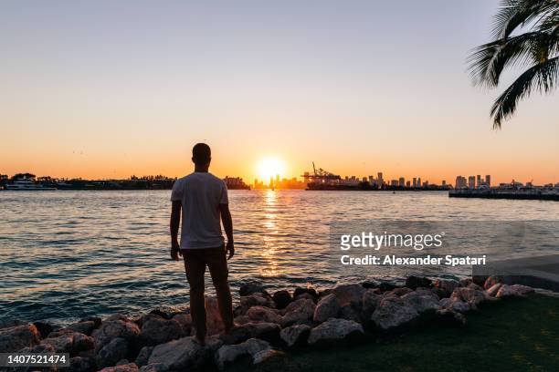 rear view of a young man looking at sunset in miami beach, florida, usa - waterfront living stock pictures, royalty-free photos & images