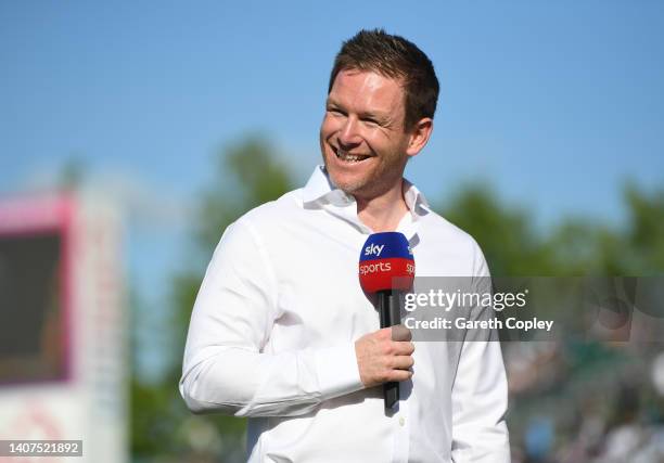 Former England captain Eoin Morgan commentating for Sky Sports during the 1st Vitality IT20 match between England and India at Ageas Bowl on July 07,...