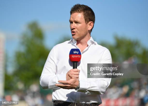 Former England captain Eoin Morgan commentating for Sky Sports during the 1st Vitality IT20 match between England and India at Ageas Bowl on July 07,...