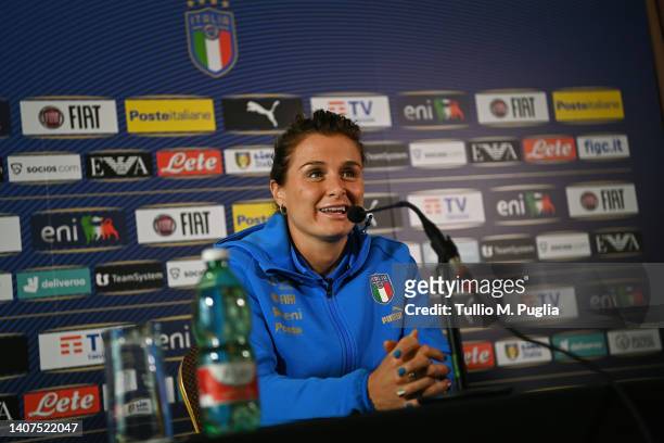 Cristiana Girelli of Italy Women attends a press conference at Italy Women Team Base Camp on July 08, 2022 in Accrington, England.