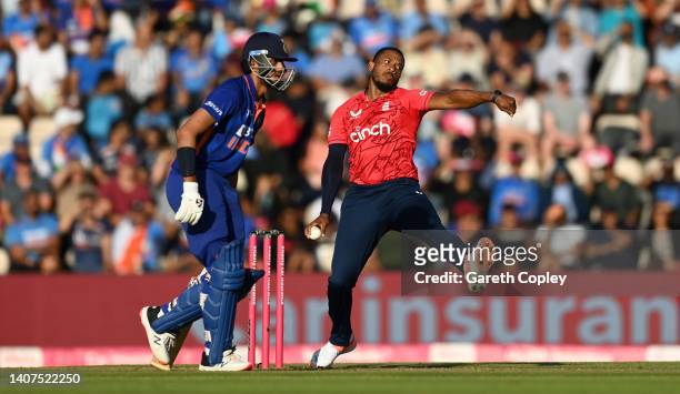 Chris Jordan of England bowls during the 1st Vitality IT20 match between England and India at Ageas Bowl on July 07, 2022 in Southampton, England.