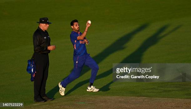 Bhuvneshwar Kumar of India bowls during the 1st Vitality IT20 match between England and India at Ageas Bowl on July 07, 2022 in Southampton, England.