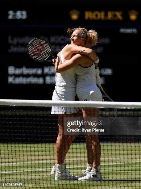 Katerina Siniakova of Czech Republic and partner Barbora Krejcikova of Czech Republic celebrate match point against Lyudmyla Kichenok of Ukraine and...