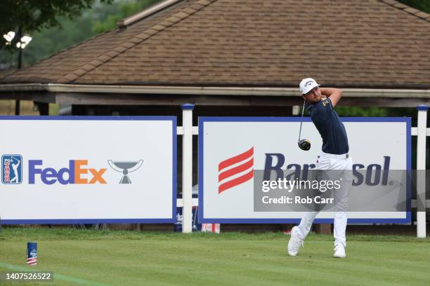 Adam Svensson of Canada plays his tee shot on the fifth hole during the second round of the Barbasol Championship at Keene Trace Golf Club on July...