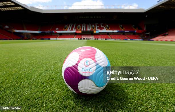 General view of the Official Nike match ball on the pitch inside the stadium prior to the UEFA Women's EURO 2022 at Bramall Lane on July 05, 2022 in...