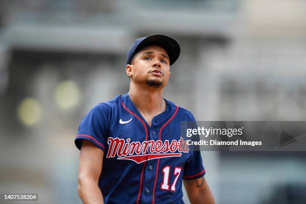 Chris Archer of the Minnesota Twins looks on during the fourth inning against the Cleveland Guardians at Progressive Field on June 30, 2022 in...