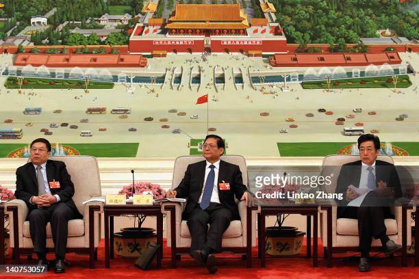 Secretary Liu Qi , Beijing mayor Guo Jinlong and Zhu Jimin attend a meeting in the Great Hall of the People on March 6, 2012 in Beijing, China. Known...