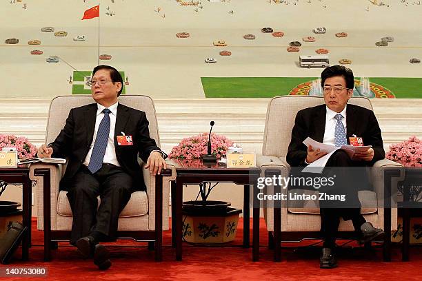 Secretary Liu Qi and Beijing mayor Guo Jinlong attend a meeting in the Great Hall of the People on March 6, 2012 in Beijing, China. Known as 'liang...