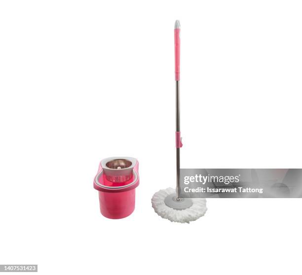 pink spin mop with bucket on white background - mop stock pictures, royalty-free photos & images