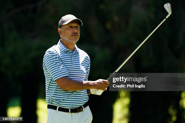Jeev Milkha Singh of India in action during Day One of the Swiss Seniors Open at Golf Club Bad Ragaz on July 08, 2022 in Bad Ragaz, Switzerland.