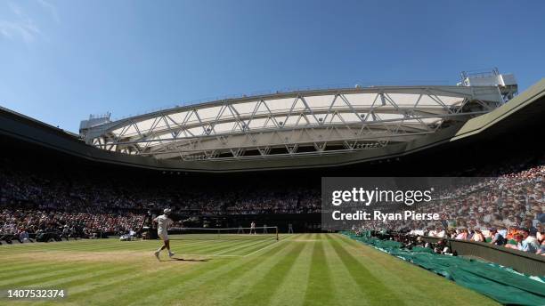 General view as Novak Djokovic of Serbia plays against Cameron Norrie of Great Britain during the Mens' Singles Semi Final match on day twelve of The...