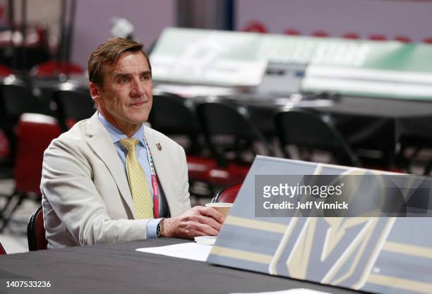 President of Hockey Operations George McPhee of the Vegas Golden Knights looks on during the 2022 Upper Deck NHL Draft at Bell Centre on July 08,...