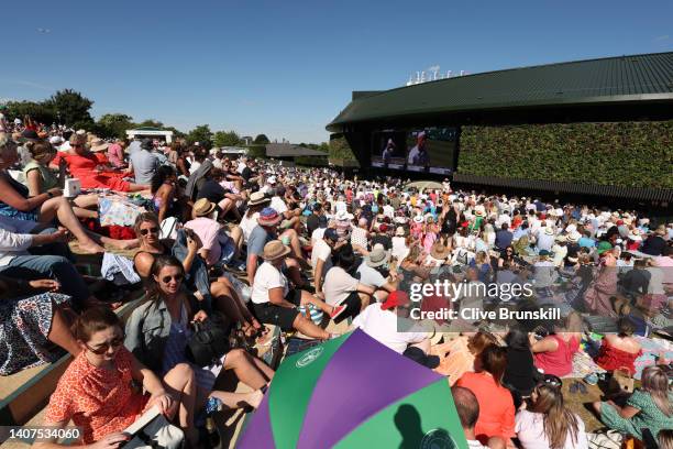 General view as crowds watch Novak Djokovic of Serbia against Cameron Norrie of Great Britain during the Mens' Singles Semi Final match on day twelve...